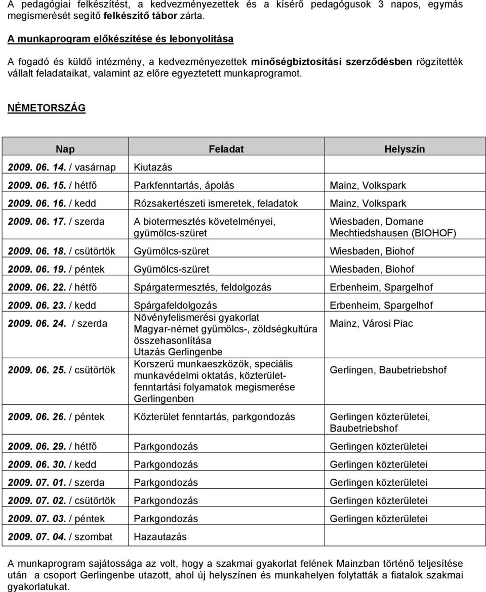 munkaprogramot. Nap Feladat Helyszín 2009. 06. 14. / vasárnap Kiutazás 2009. 06. 15. / hétfő Parkfenntartás, ápolás Mainz, Volkspark 2009. 06. 16.