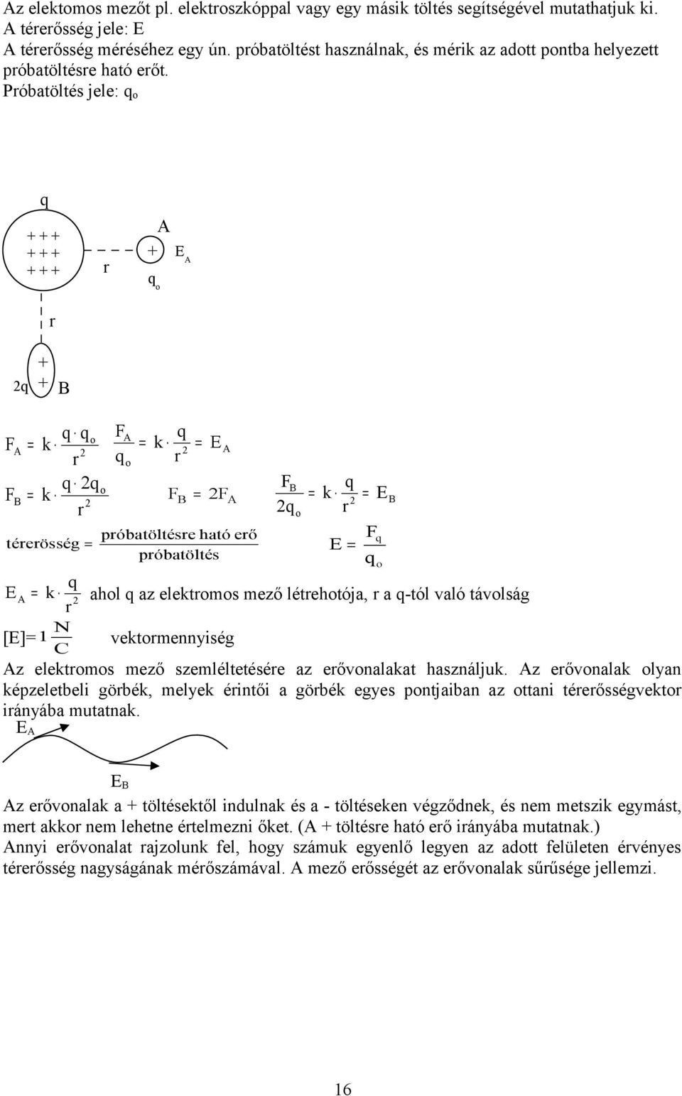 Próbatöltés jele: q o q + + + + + + + + + r A + q o E A r q + + B q q F o A q FA = k = k = E A r qo r q q F o B q FB = k F B = FA = k = E B r qo r próbatöltésre ható erő Fq térerösség = E =