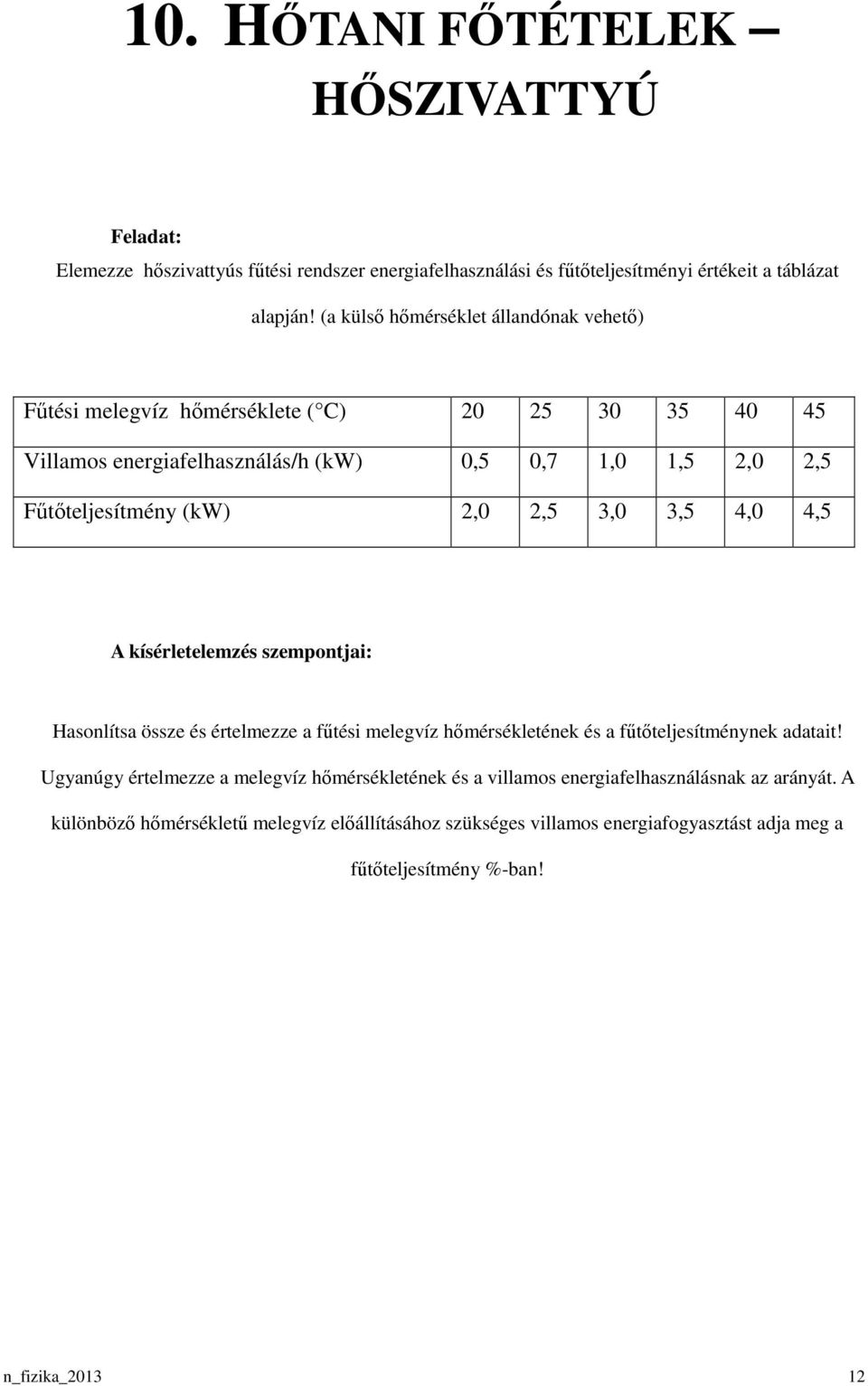 2,0 2,5 3,0 3,5 4,0 4,5 A kísérletelemzés szempontjai: Hasonlítsa össze és értelmezze a főtési melegvíz hımérsékletének és a főtıteljesítménynek adatait!