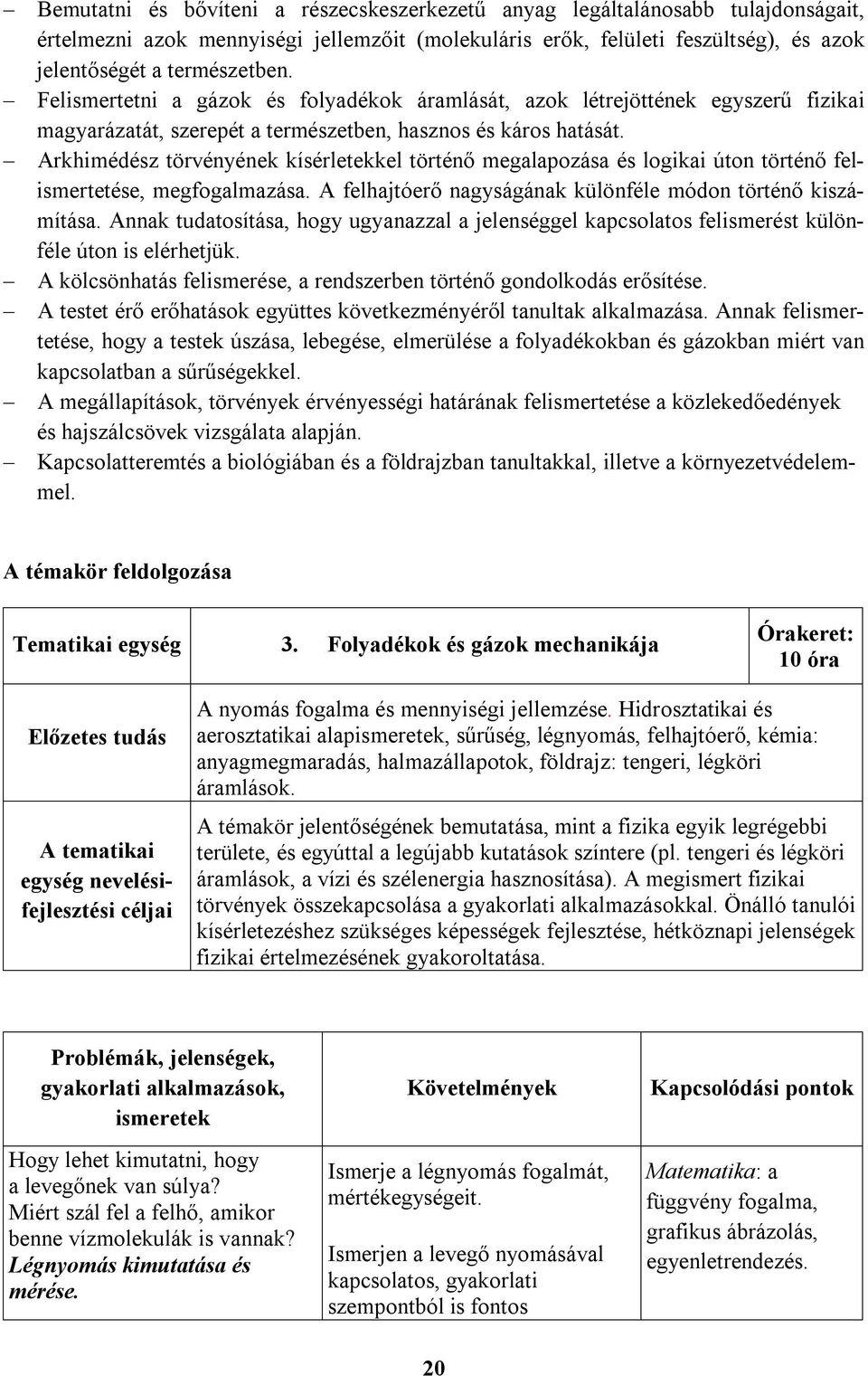 Arkhimédész törvényének kísérletekkel történő megalapozása és logikai úton történő felismertetése, megfogalmazása. A felhajtóerő nagyságának különféle módon történő kiszámítása.