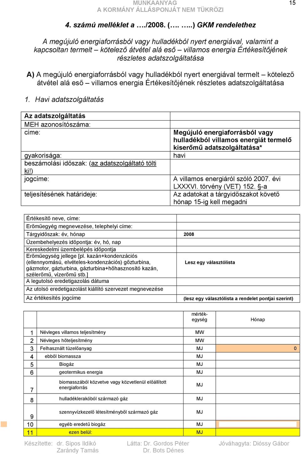 A) A megújuló energiaforrásból vagy hulladékból nyert energiával termelt kötelező átvétel alá eső villamos energia Értékesítőjének részletes adatszolgáltatása 1.