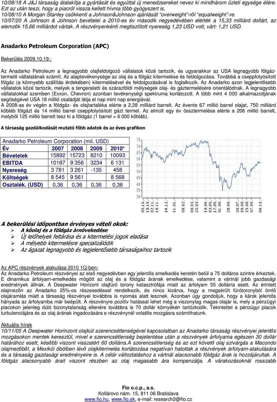 10/07/20 A Johnson & Johnson bevételei a 2010-es év második negyedévében elérték a 15,33 milliárd dollárt, az elemzık 15,66 milliárdot vártak.