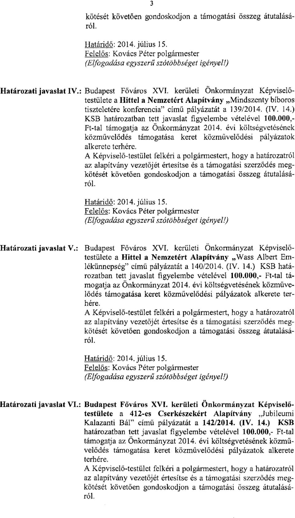 ) KSB határozatban tett javaslat figyelembe vételével 100.000,- Ft-tal támogatja az Önkormányzat 2014. évi költségvetésének közművelődés támogatása keret közművelődési pályázatok alkerete terhére.