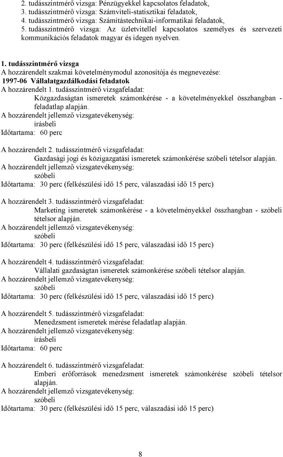 tudásszintmérő vizsga A hozzárendelt szakmai követelménymodul és : 1997-06 Vállalatgazdálkodási feladatok A hozzárendelt 1.