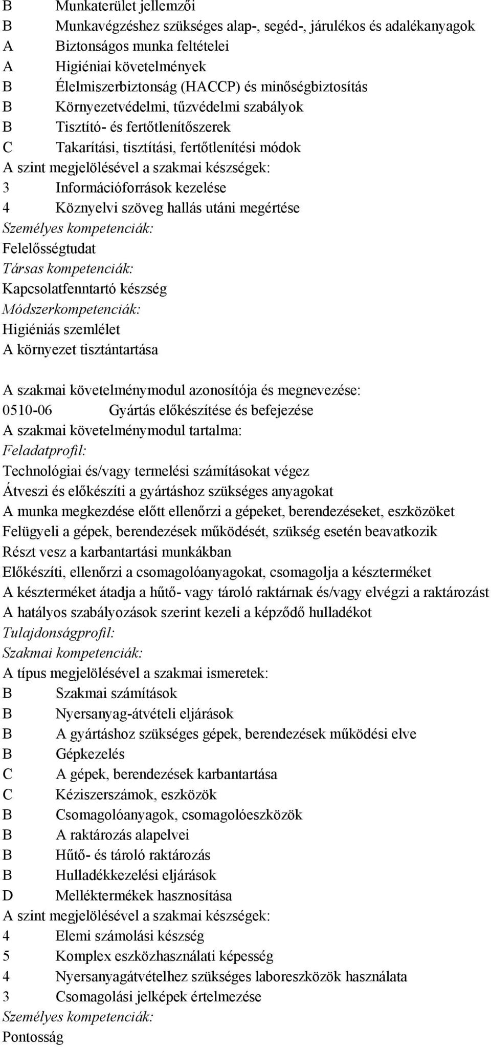 Információforrások kezelése 4 Köznyelvi szöveg hallás utáni megértése Felelősségtudat Társas kompetenciák: Kapcsolatfenntartó készség Higiéniás szemlélet A környezet tisztántartása 0510-06 Gyártás