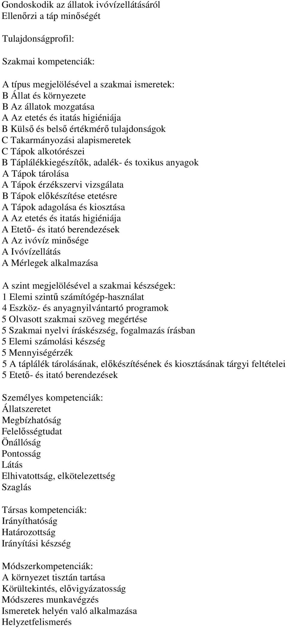 érzékszervi vizsgálata B Tápok elıkészítése etetésre A Tápok adagolása és kiosztása A Az etetés és itatás higiéniája A Etetı- és itató berendezések A Az ivóvíz minısége A Ivóvízellátás A Mérlegek