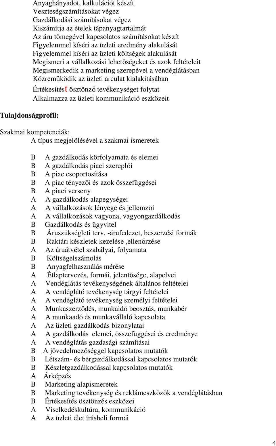 vendéglátásban Közremőködik az üzleti arculat kialakításában Értékesítést ösztönzı tevékenységet folytat lkalmazza az üzleti kommunikáció eszközeit Szakmai kompetenciák: típus megjelölésével a