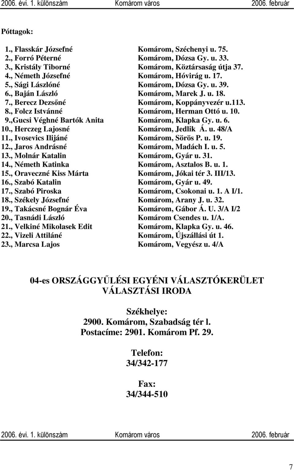 ,Gucsi Véghné Bartók Anita Komárom, Klapka Gy. u. 6. 10., Herczeg Lajosné Komárom, Jedlik Á. u. 48/A 11., Ivosevics Ilijáné Komárom, Sörös P. u. 19. 12., Jaros Andrásné Komárom, Madách I. u. 5. 13.