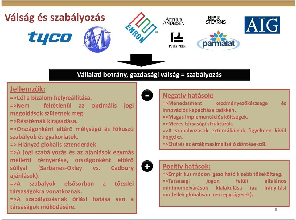 =>A jogi szabályozás és az ajánlások egymás melletti térnyerése, országonként eltérő súllyal (Sarbanes-Oxley vs. Cadbury ajánlások). =>A szabályok elsősorban a tőzsdei társaságokra vonatkoznak.