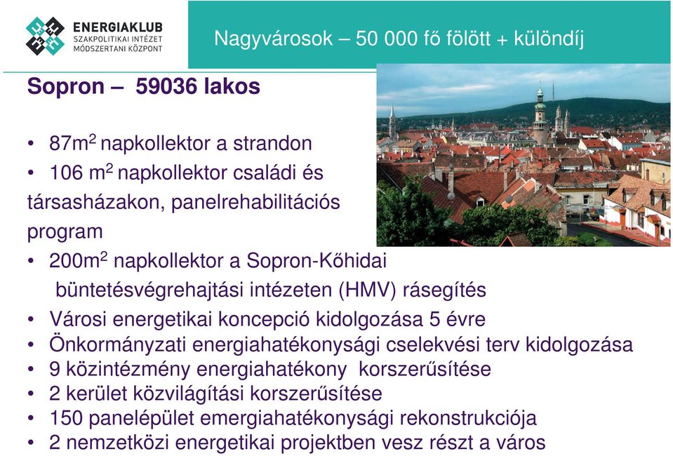 koncepció kidolgozása 5 évre Önkormányzati energiahatékonysági cselekvési terv kidolgozása 9 közintézmény energiahatékony korszersítése