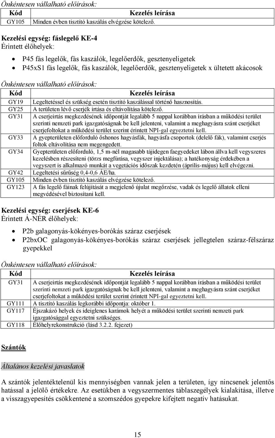 Önkéntesen vállalható előírások: Kód GY19 GY25 GY31 GY33 GY34 GY42 GY105 GY123 Kezelés leírása Legeltetéssel és szükség esetén tisztító kaszálással történő hasznosítás.