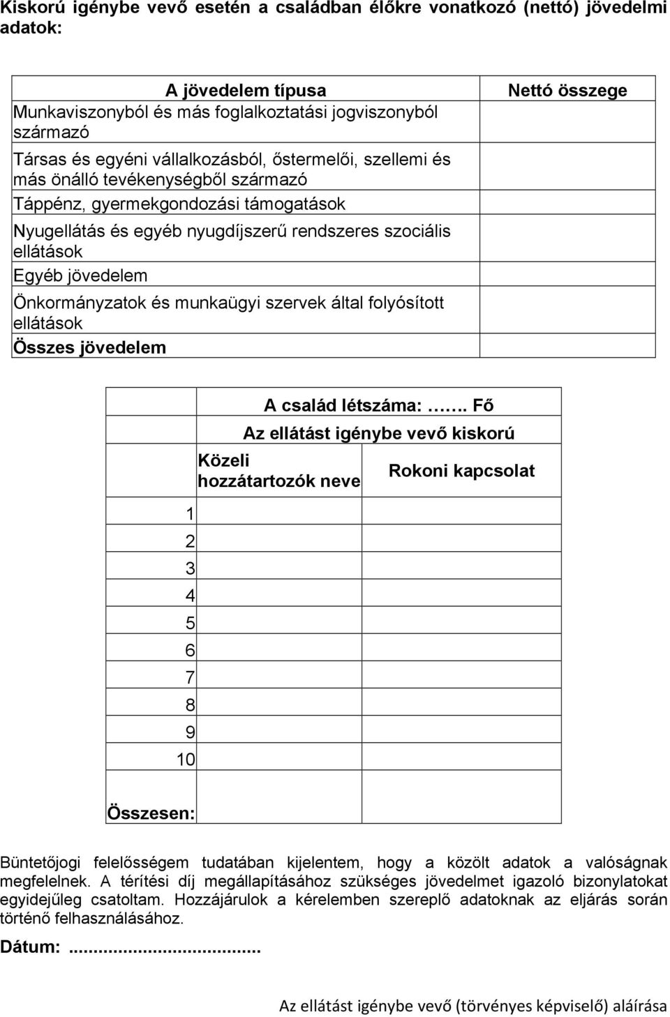 munkaügyi szervek által folyósított ellátások Összes jövedelem Nettó összege 1 2 3 4 5 6 7 8 9 10 A család létszáma:.