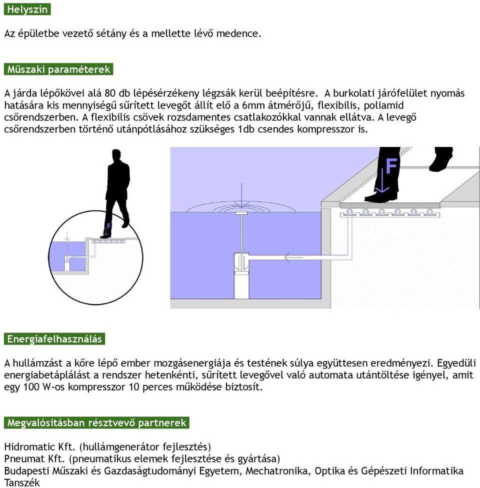 A levegő csőrendszerben történő utánpótlásához szükséges 1db csendes kompresszor is. Energiafelhasználás A hullámzást a kőre lépő ember mozgásenergiája és testének súlya együttesen eredményezi.