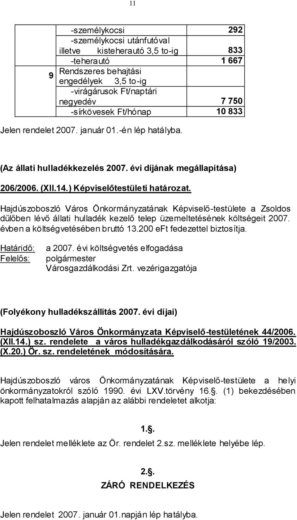 Hajdúszoboszló Város Önkormányzatának Képviselő-testülete a Zsoldos dűlőben lévő állati hulladék kezelő telep üzemeltetésének költségeit 2007. évben a költségvetésében bruttó 13.