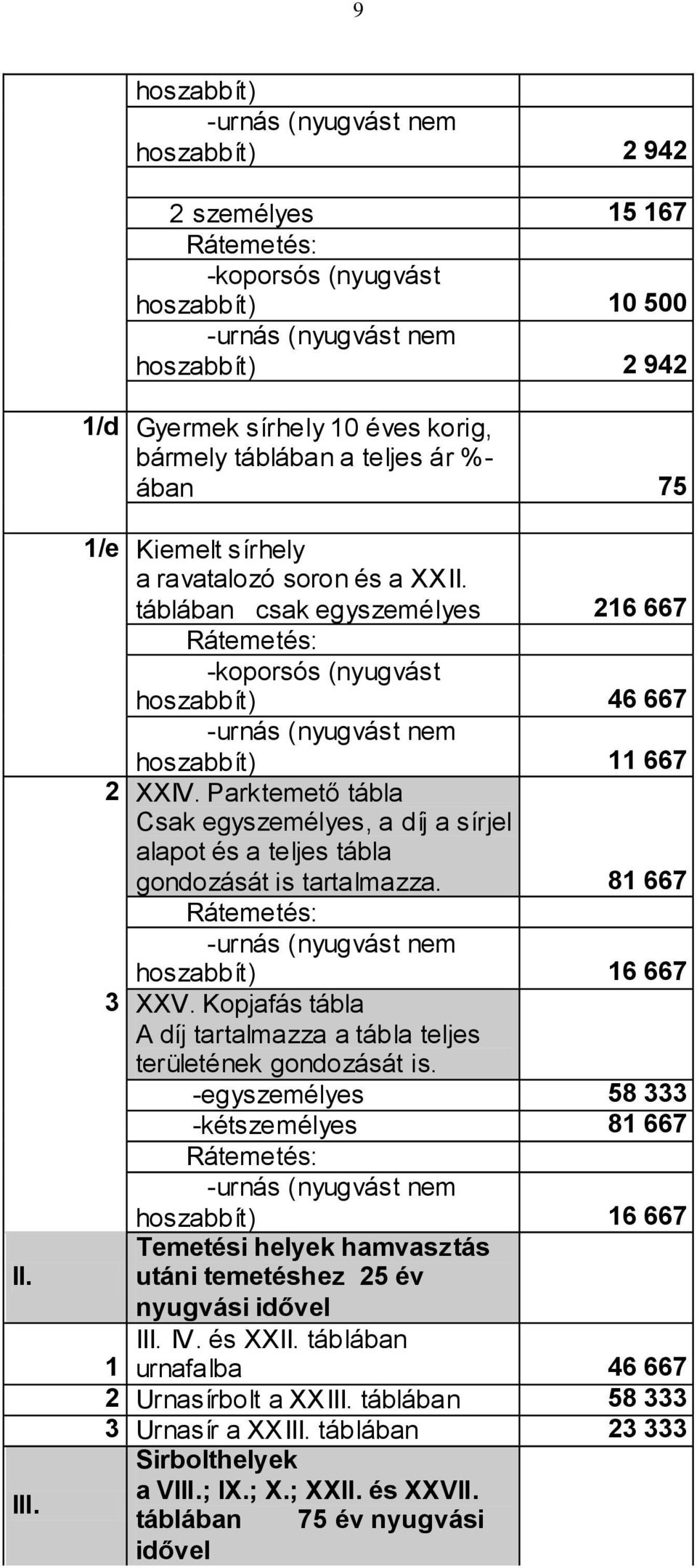 táblában csak egyszemélyes 216 667 Rátemetés: -koporsós (nyugvást hoszabbít) 46 667 -urnás (nyugvást nem hoszabbít) 11 667 2 XXIV.