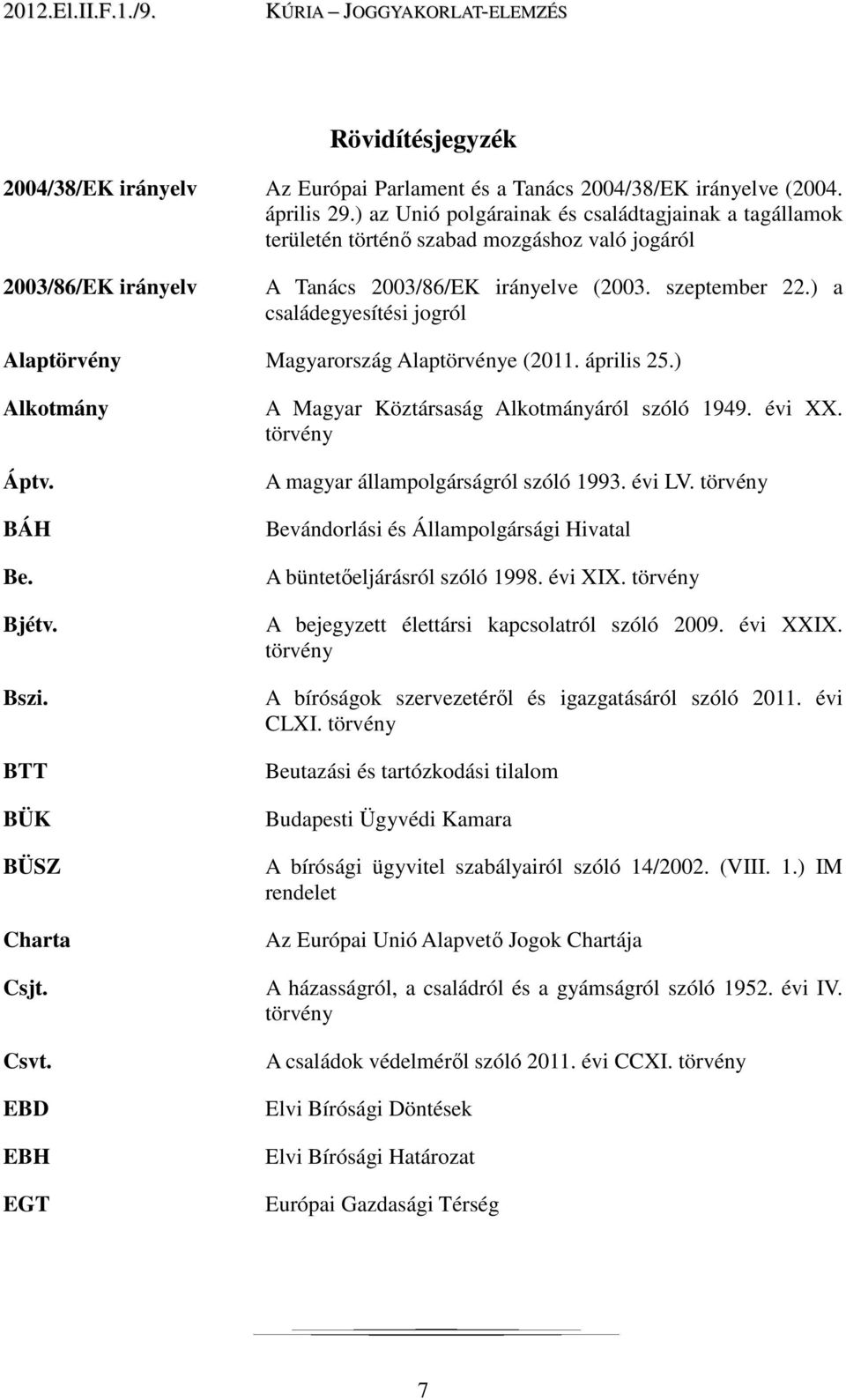 ) a családegyesítési jogról Alaptörvény Magyarország Alaptörvénye (2011. április 25.) Alkotmány Áptv. BÁH Be. Bjétv. Bszi. BTT BÜK BÜSZ Charta Csjt. Csvt.