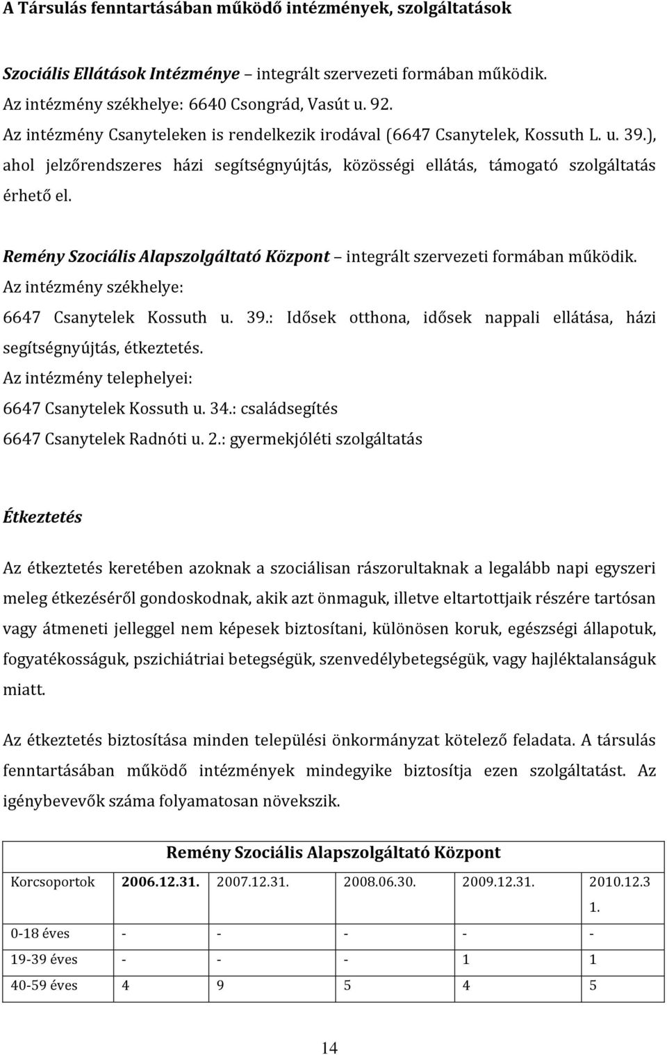 Remény Szociális Alapszolgáltató Központ integrált szervezeti formában működik. Az intézmény székhelye: 6647 Csanytelek Kossuth u. 39.