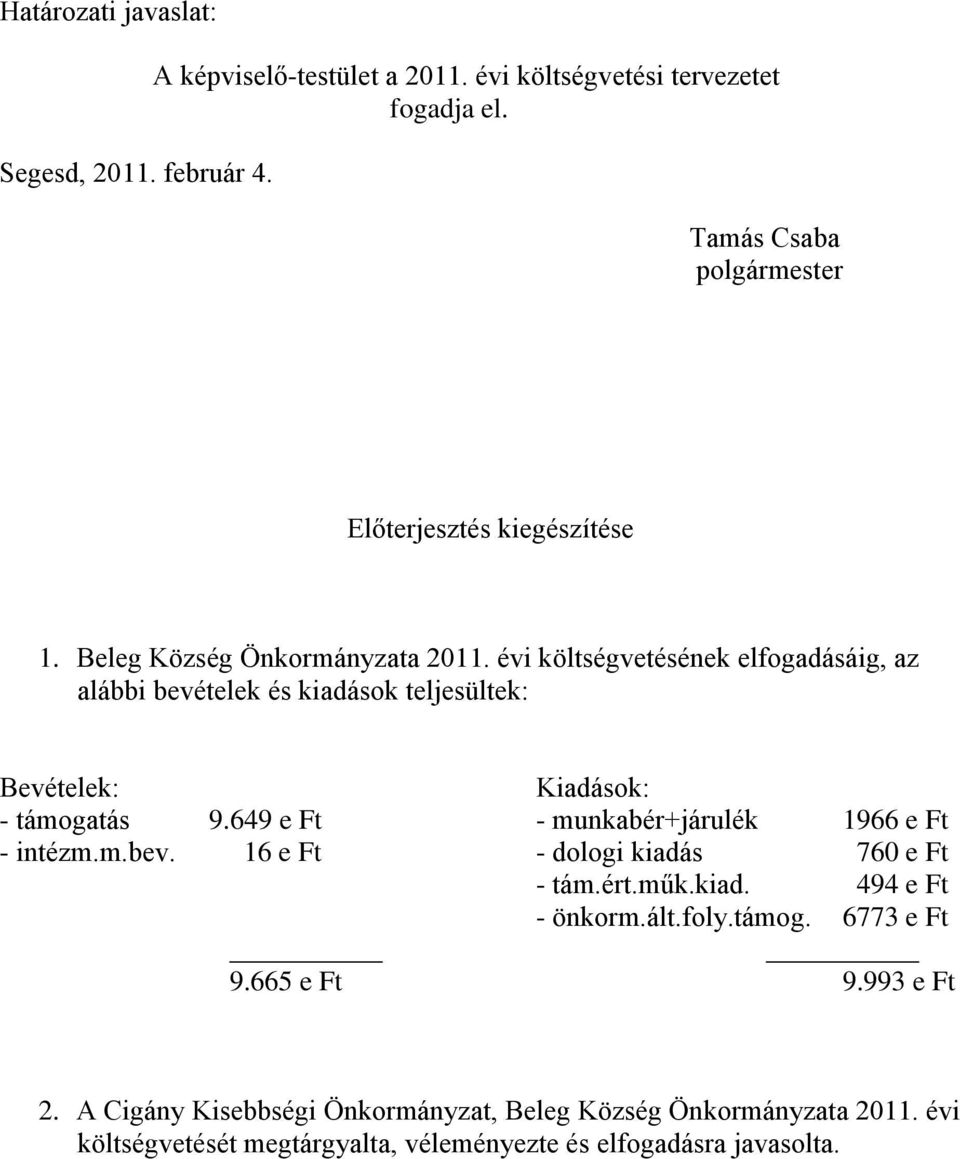 évi költségvetésének elfogadásáig, az alábbi bevételek és kiadások teljesültek: Bevételek: Kiadások: - támogatás 9.