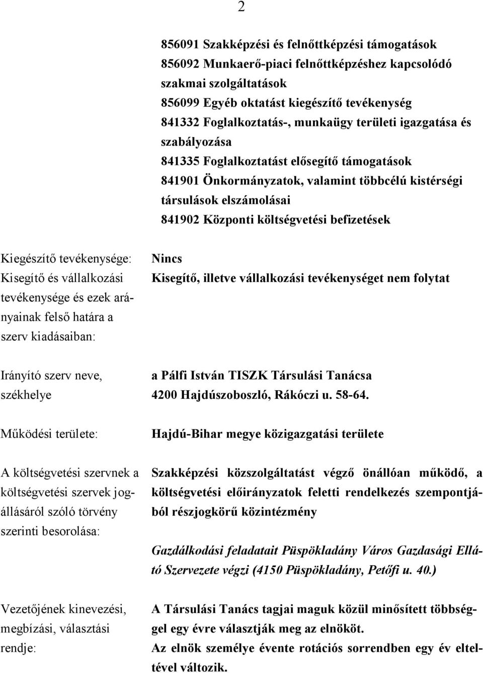 befizetések Kiegészítő tevékenysége: Kisegítő és vállalkozási tevékenysége és ezek arányainak felső határa a szerv kiadásaiban: Nincs Kisegítő, illetve vállalkozási tevékenységet nem folytat Irányító