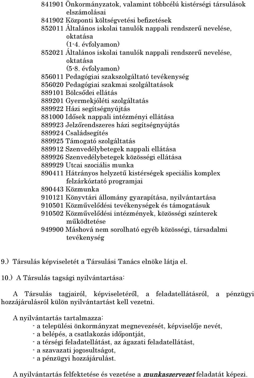 évfolyamon) 856011 Pedagógiai szakszolgáltató tevékenység 856020 Pedagógiai szakmai szolgáltatások 889101 Bölcsődei ellátás 889201 Gyermekjóléti szolgáltatás 889922 Házi segítségnyújtás 881000 Idősek