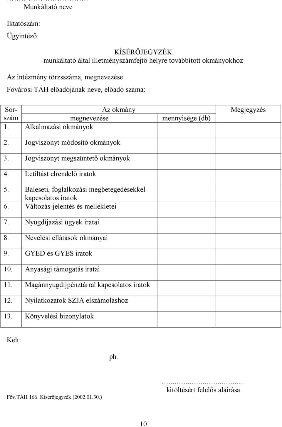 Baleseti, foglalkozási megbetegedésekkel kapcsolatos iratok 6. Változás-jelentés és mellékletei 7. Nyugdíjazási ügyek iratai 8. Nevelési ellátások okmányai 9. GYED és GYES iratok 10.