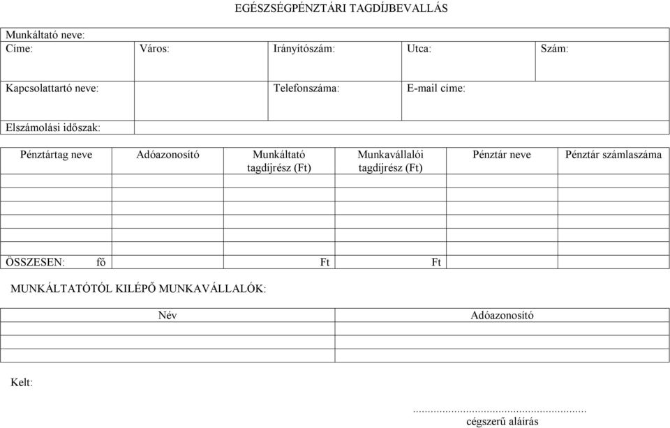 Adóazonosító Munkáltató tagdíjrész (Ft) Munkavállalói tagdíjrész (Ft) Pénztár neve Pénztár