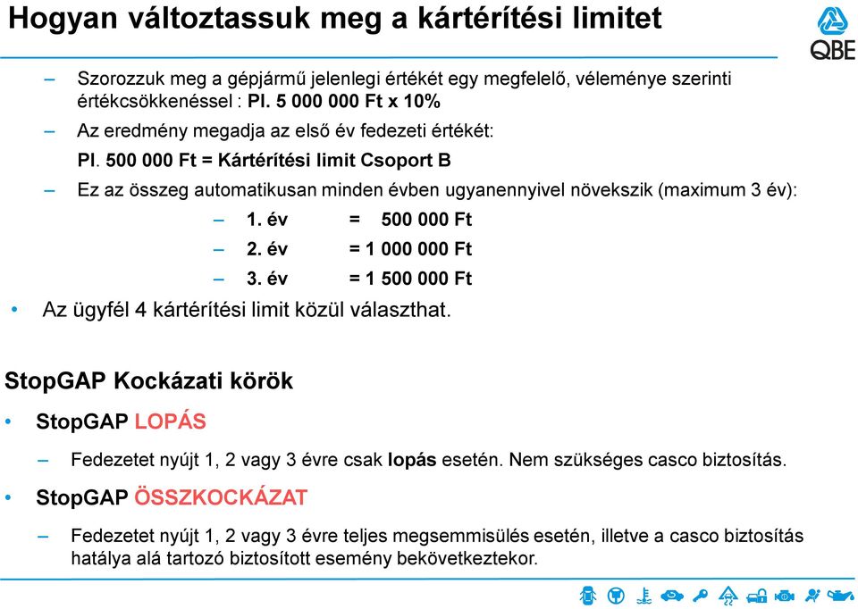 500 000 Ft = Kártérítési limit Csoport B Ez az összeg automatikusan minden évben ugyanennyivel növekszik (maximum 3 év): 1. év = 500 000 Ft 2. év = 1 000 000 Ft 3.