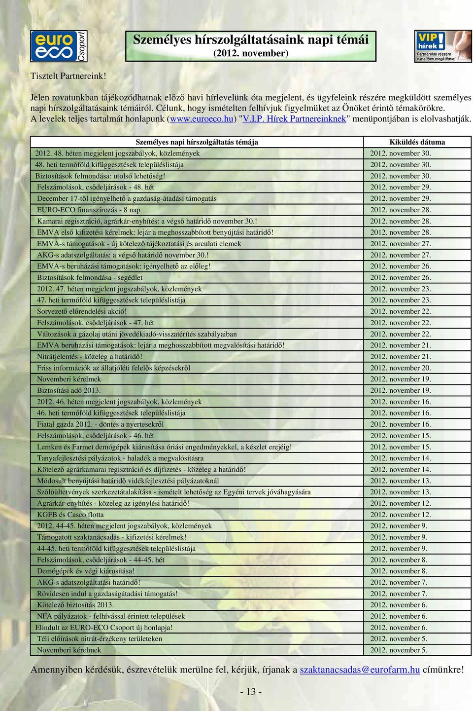 Célunk, hogy ismételten felhívjuk figyelmüket az Önöket érintő témakörökre. A levelek teljes tartalmát honlapunk (www.euroeco.hu) "V.I.P. Hírek Partnereinknek" menüpontjában is elolvashatják.