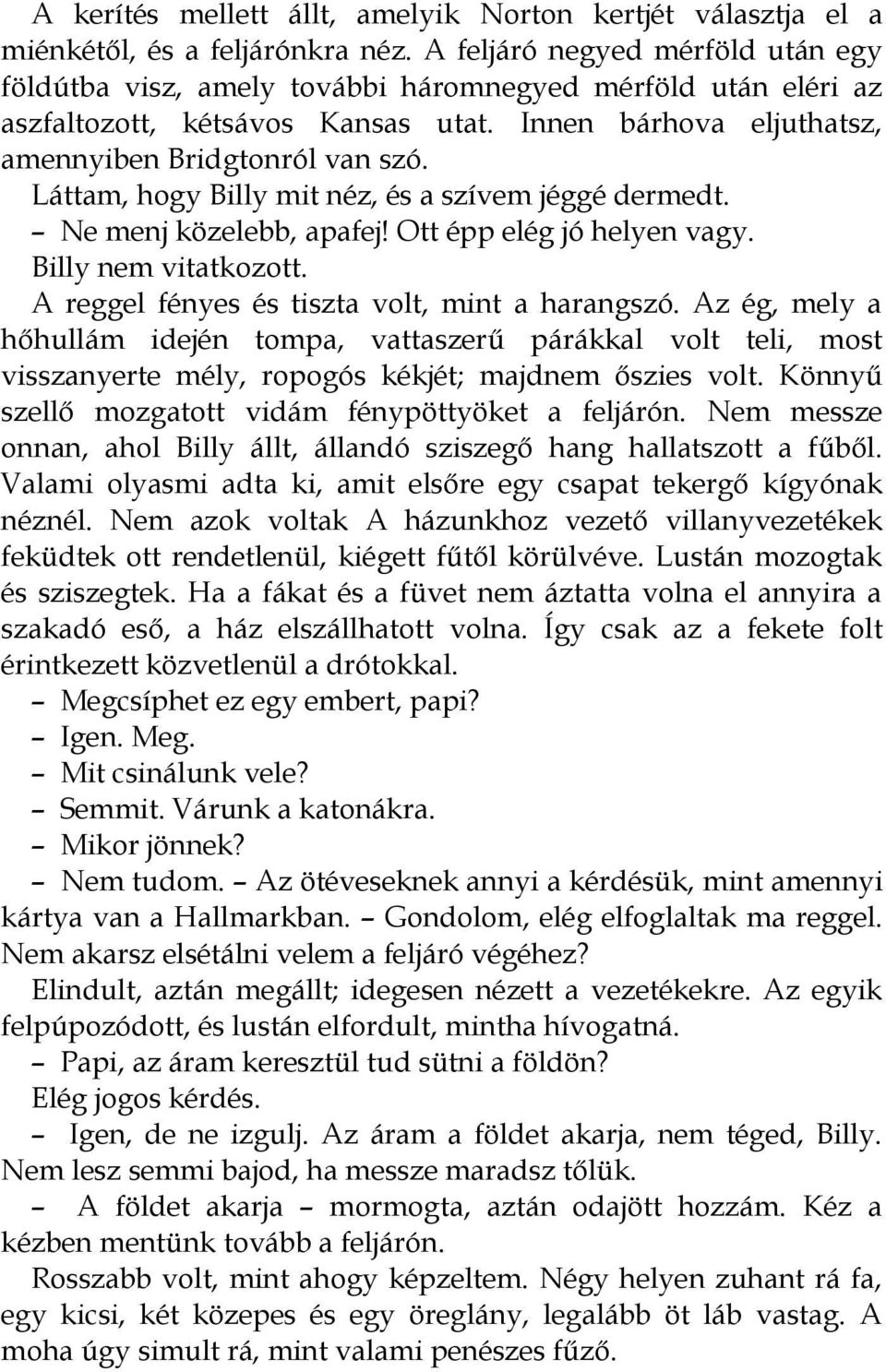 Láttam, hogy Billy mit néz, és a szívem jéggé dermedt. Ne menj közelebb, apafej! Ott épp elég jó helyen vagy. Billy nem vitatkozott. A reggel fényes és tiszta volt, mint a harangszó.