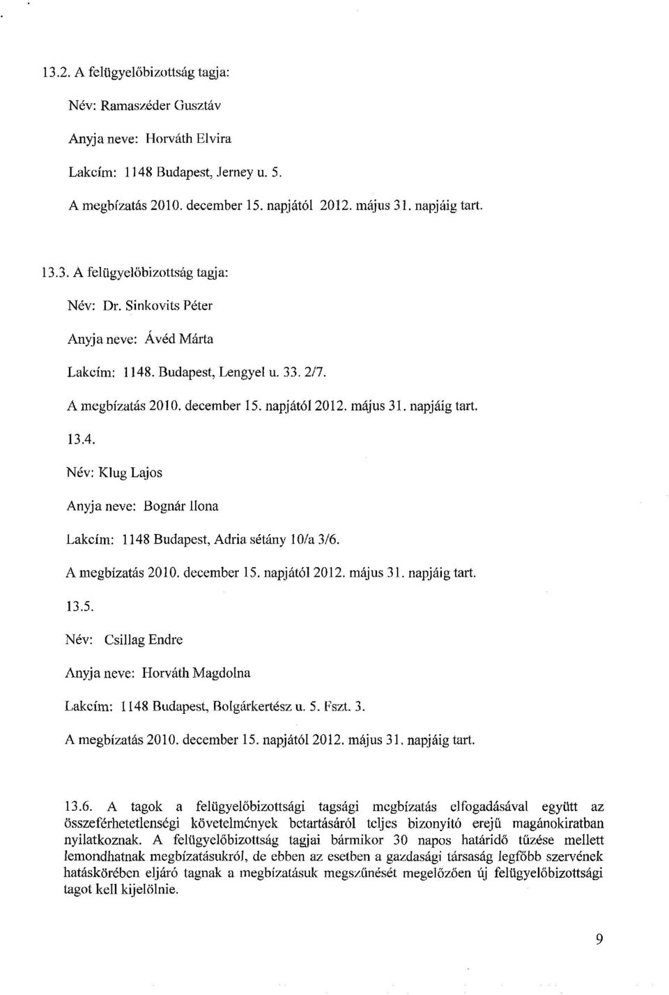 A megbízatás 2010. december 15. napjától 2012. május 31. napjáig tart. 13.5. Név: Csillag Endre Anyja neve: Horváth Magdolna Lakcím: 1148 Budapest, Bolgárkertész u. 5. Fszt. 3. A megbízatás 2010.