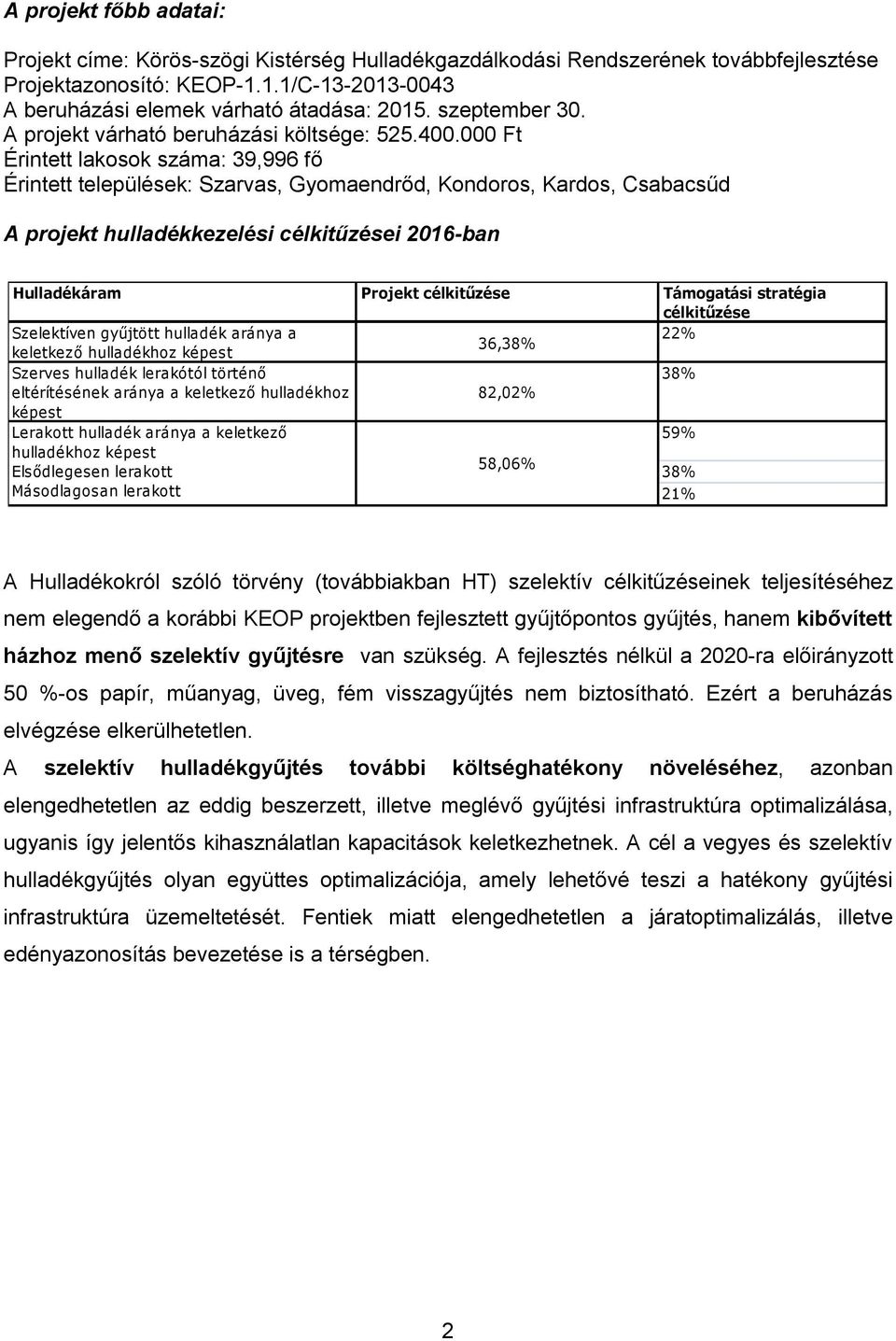 000 Ft Érintett lakosok száma: 39,996 fő Érintett települések: Szarvas, Gyomaendrőd, Kondoros, Kardos, Csabacsűd A projekt hulladékkezelési célkitűzései 2016-ban Hulladékáram Projekt célkitűzése