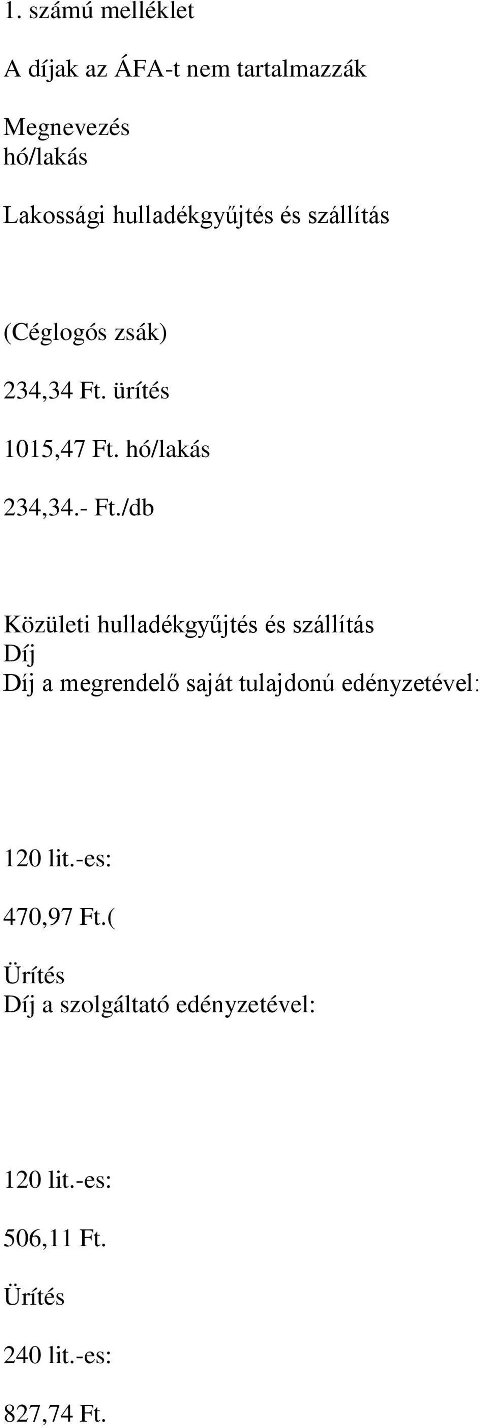 - Ft./db Közületi hulladékgyűjtés és szállítás Díj Díj a megrendelő saját tulajdonú