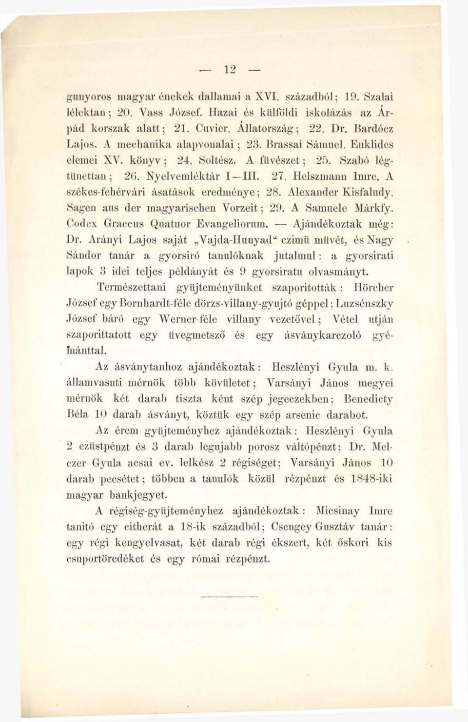 A székes-fehérvári ásatások eredménye; 28. Alexander Kisfaludy. Sagen aus der magyarischen Vorzeit; 29. A Samuele Márkfy. Codex Graccus Quatuor Evangeliorum. Ajándékoztak még: Dr.