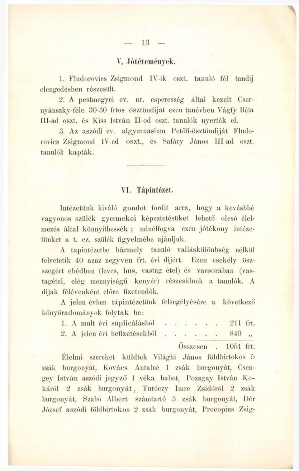 algymnasium Petöfi-ösztöndiját Fludorovics Zsigmond IV-ed oszt., és Safáry János III-ad oszt. tanulók kapták. VI. Tápintézet.