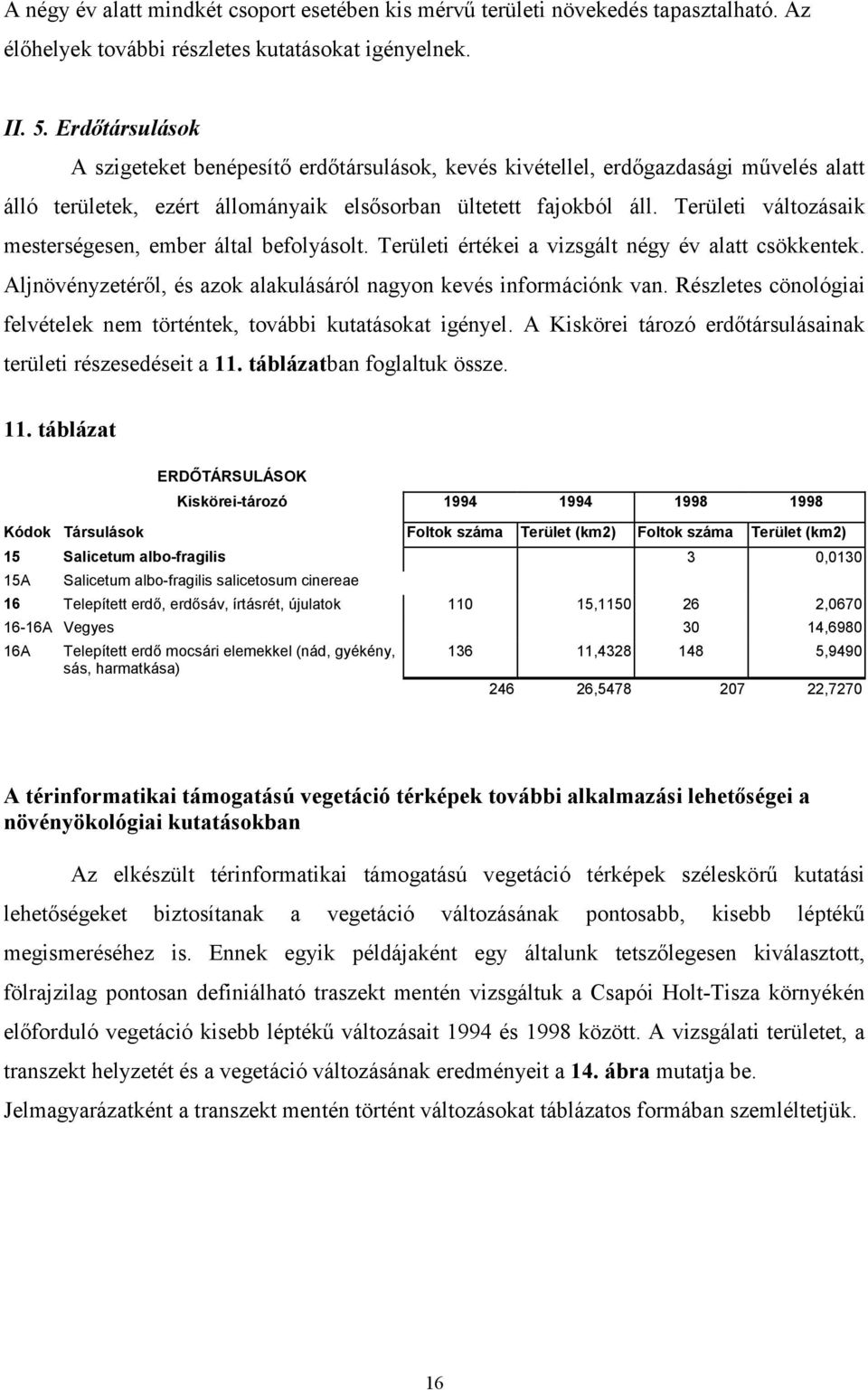 Területi változásaik mesterségesen, ember által befolyásolt. Területi értékei a vizsgált négy év alatt csökkentek. Aljnövényzetéről, és azok alakulásáról nagyon kevés információnk van.