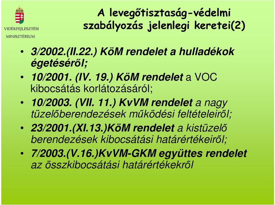 ) KöM rendelet a VOC kibocsátás korlátozásáról; 10/2003. (VII. 11.