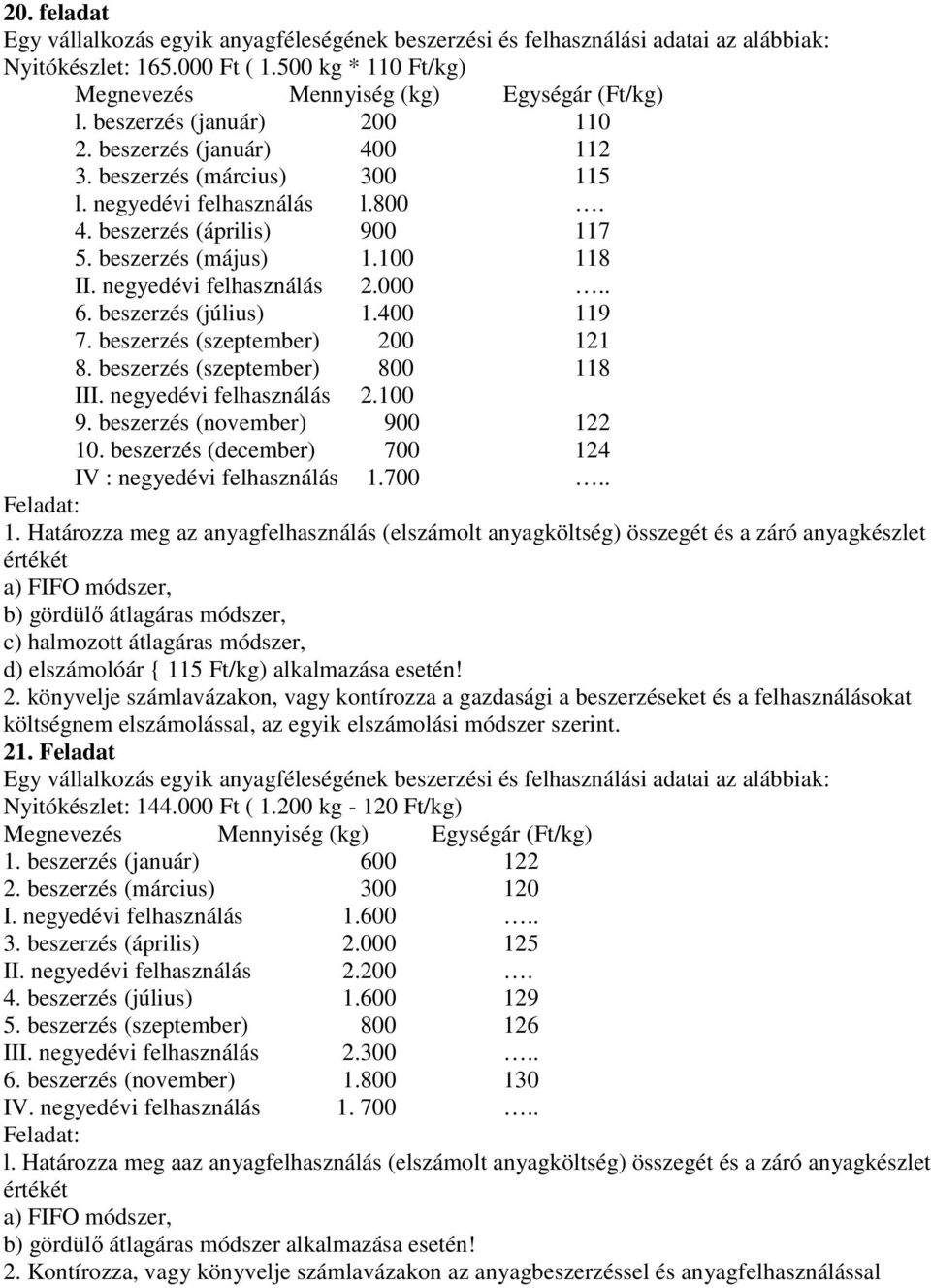 negyedévi felhasználás 2.000.. 6. beszerzés (július) 1.400 119 7. beszerzés (szeptember) 200 121 8. beszerzés (szeptember) 800 118 III. negyedévi felhasználás 2.100 9. beszerzés (november) 900 122 10.