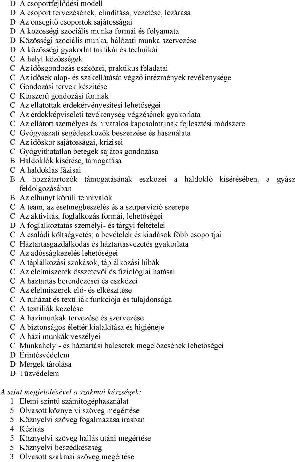 intézmények tevékenysége C Gondozási tervek készítése C Korszerű gondozási formák C Az ellátottak érdekérvényesítési lehetőségei C Az érdekképviseleti tevékenység végzésének gyakorlata C Az ellátott