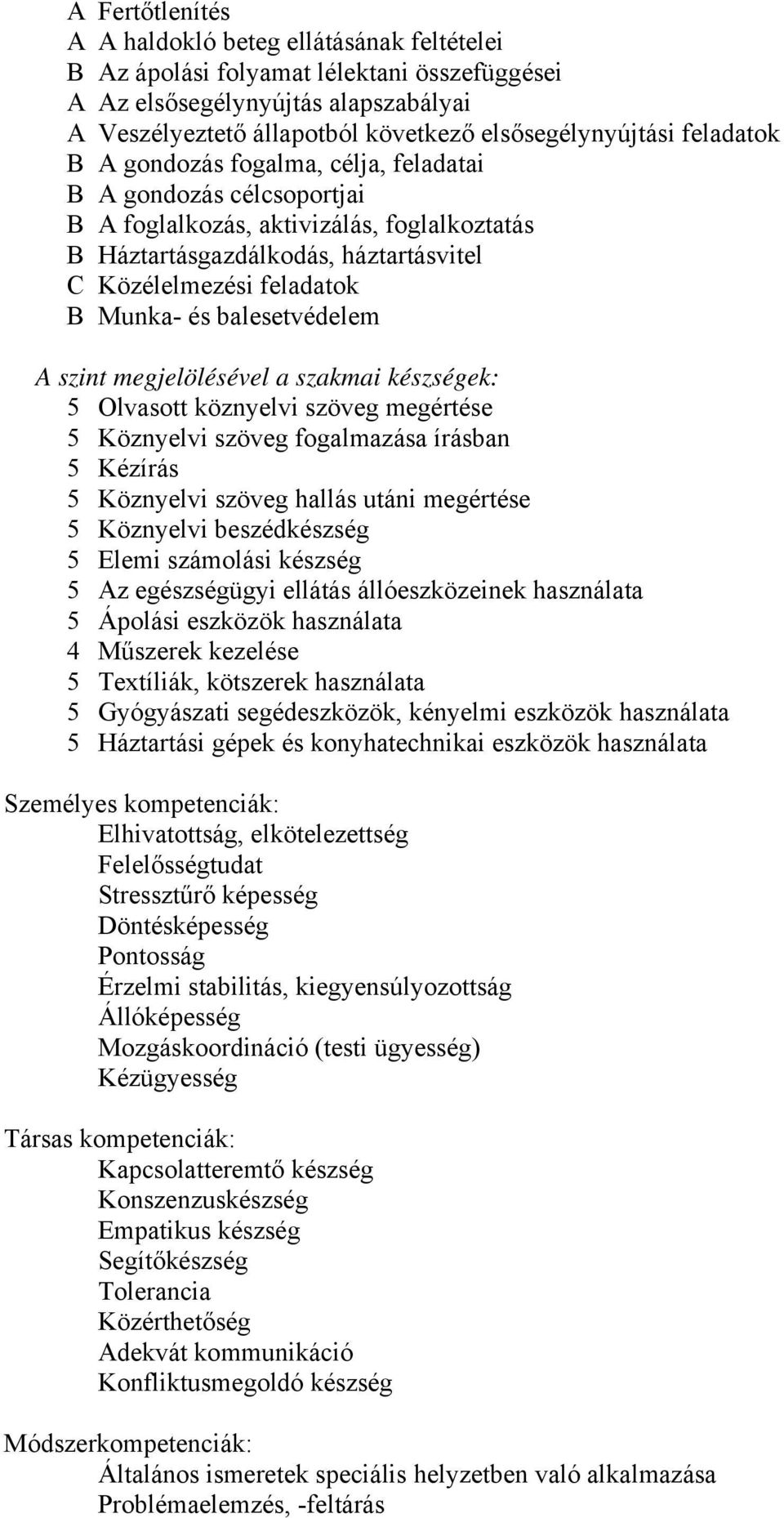 balesetvédelem A szint megjelölésével a szakmai készségek: 5 Olvasott köznyelvi szöveg megértése 5 Köznyelvi szöveg fogalmazása írásban 5 Kézírás 5 Köznyelvi szöveg hallás utáni megértése 5 Köznyelvi