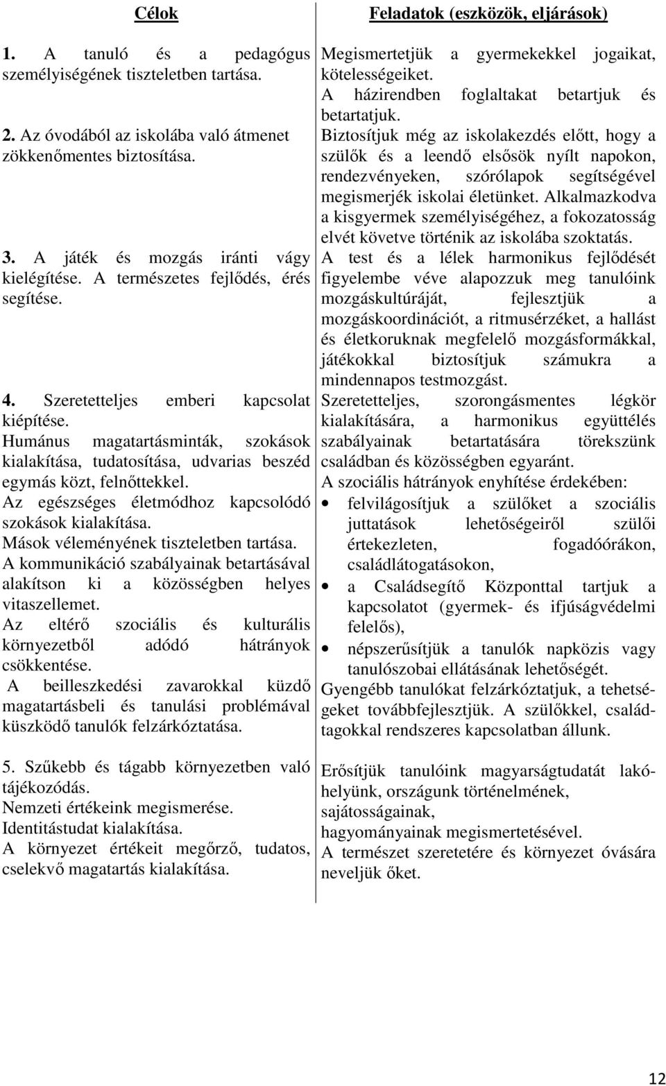 Humánus magatartásminták, szokások kialakítása, tudatosítása, udvarias beszéd egymás közt, felnőttekkel. Az egészséges életmódhoz kapcsolódó szokások kialakítása.