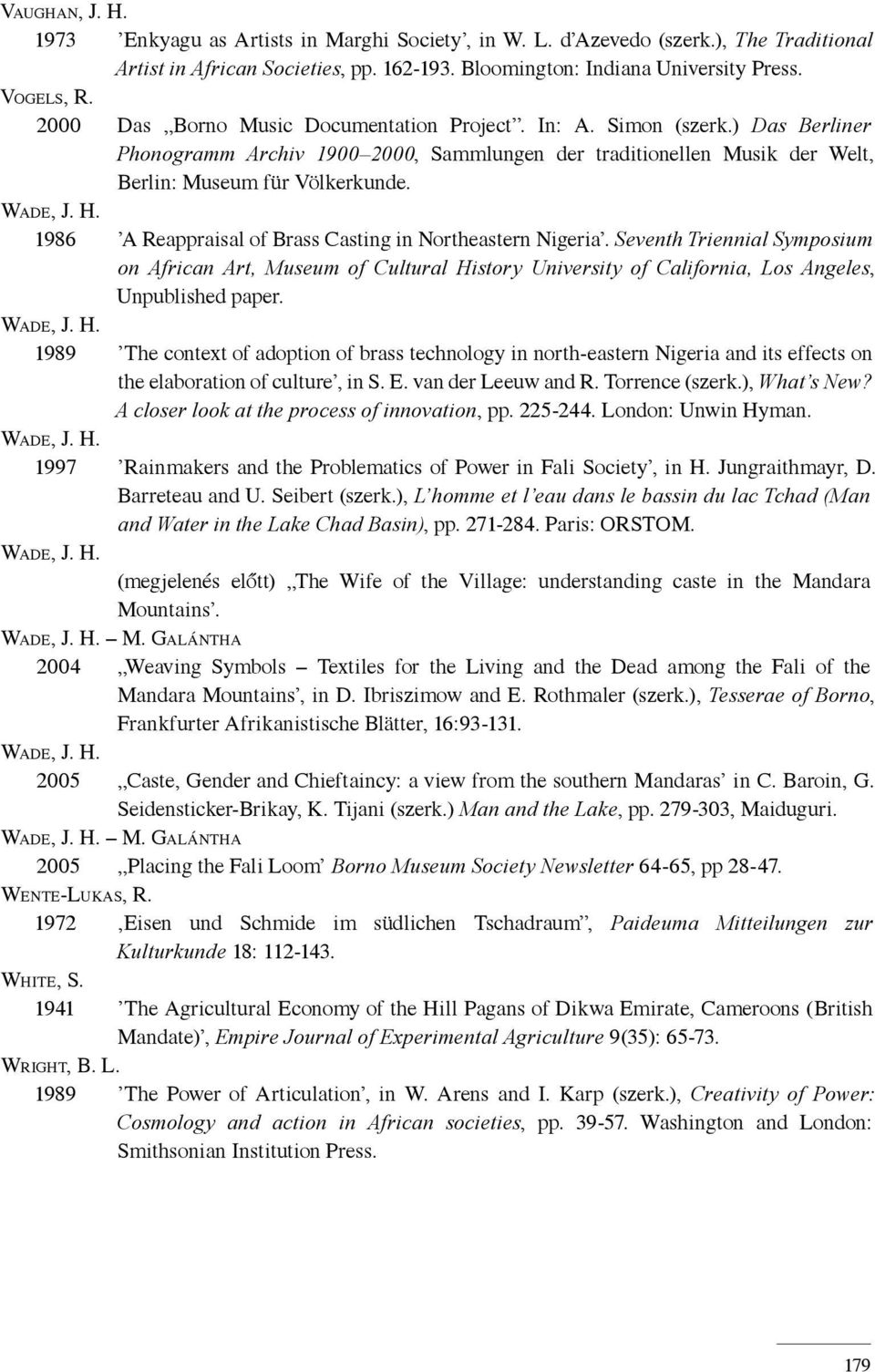 1986 A Reappraisal of Brass Casting in Northeastern Nigeria. Seventh Triennial Symposium on African Art, Museum of Cultural History University of California, Los Angeles, Unpublished paper. WADE, J.