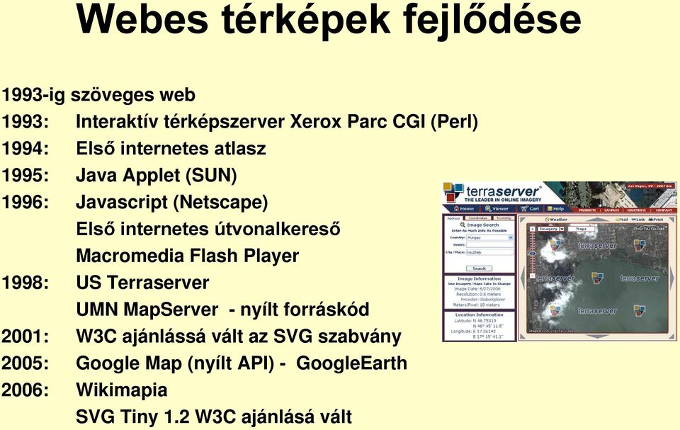 Macromedia Flash Player 1998: US Terraserver UMN MapServer - nyílt forráskód 2001: W3C ajánlássá vált az