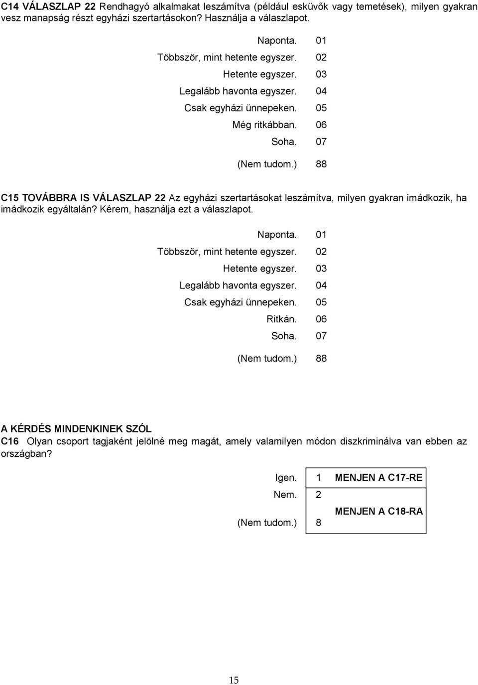 ) 88 C15 TOVÁBBRA IS VÁLASZLAP 22 Az egyházi szertartásokat leszámítva, milyen gyakran imádkozik, ha imádkozik egyáltalán? Kérem, használja ezt a válaszlapot. Naponta.