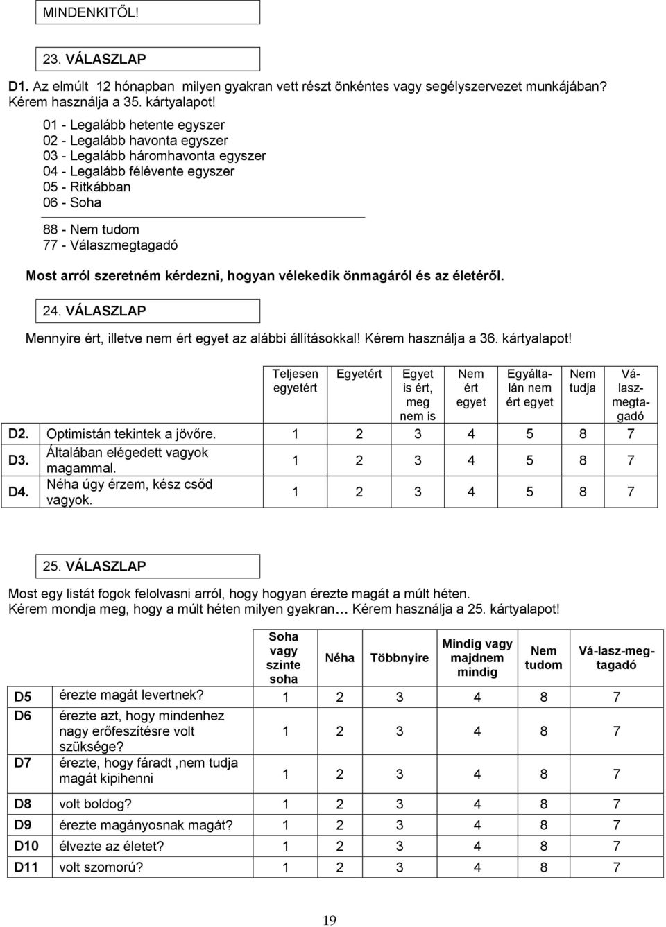 szeretném kérdezni, hogyan vélekedik önmagáról és az életéről. 24. VÁLASZLAP Mennyire ért, illetve ért egyet az alábbi állításokkal! Kérem használja a 36. kártyalapot!