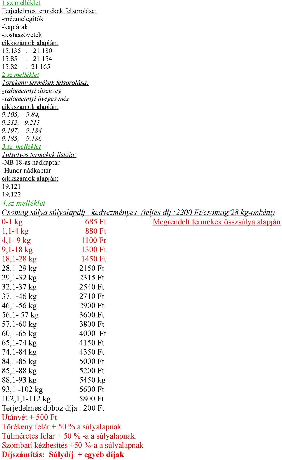 sz melléklet Túlsúlyos termékek listája: -NB 18-as nádkaptár -Hunor nádkaptár cikkszámok alapján: 19.121 19.122 4.