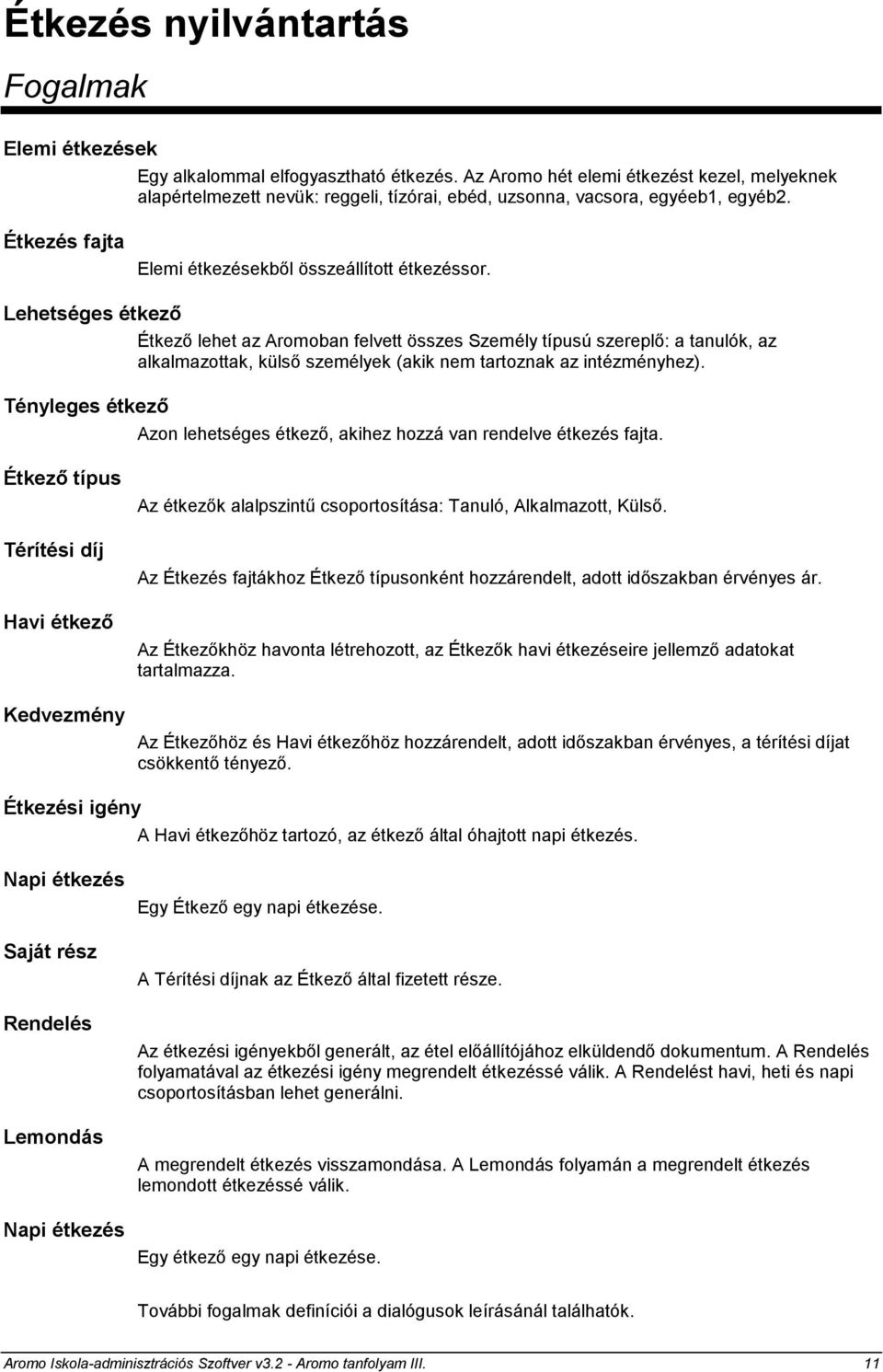 Lehetséges étkező Tényleges étkező Étkező lehet az Aromoban felvett összes Személy típusú szereplő: a tanulók, az alkalmazottak, külső személyek (akik nem tartoznak az intézményhez).