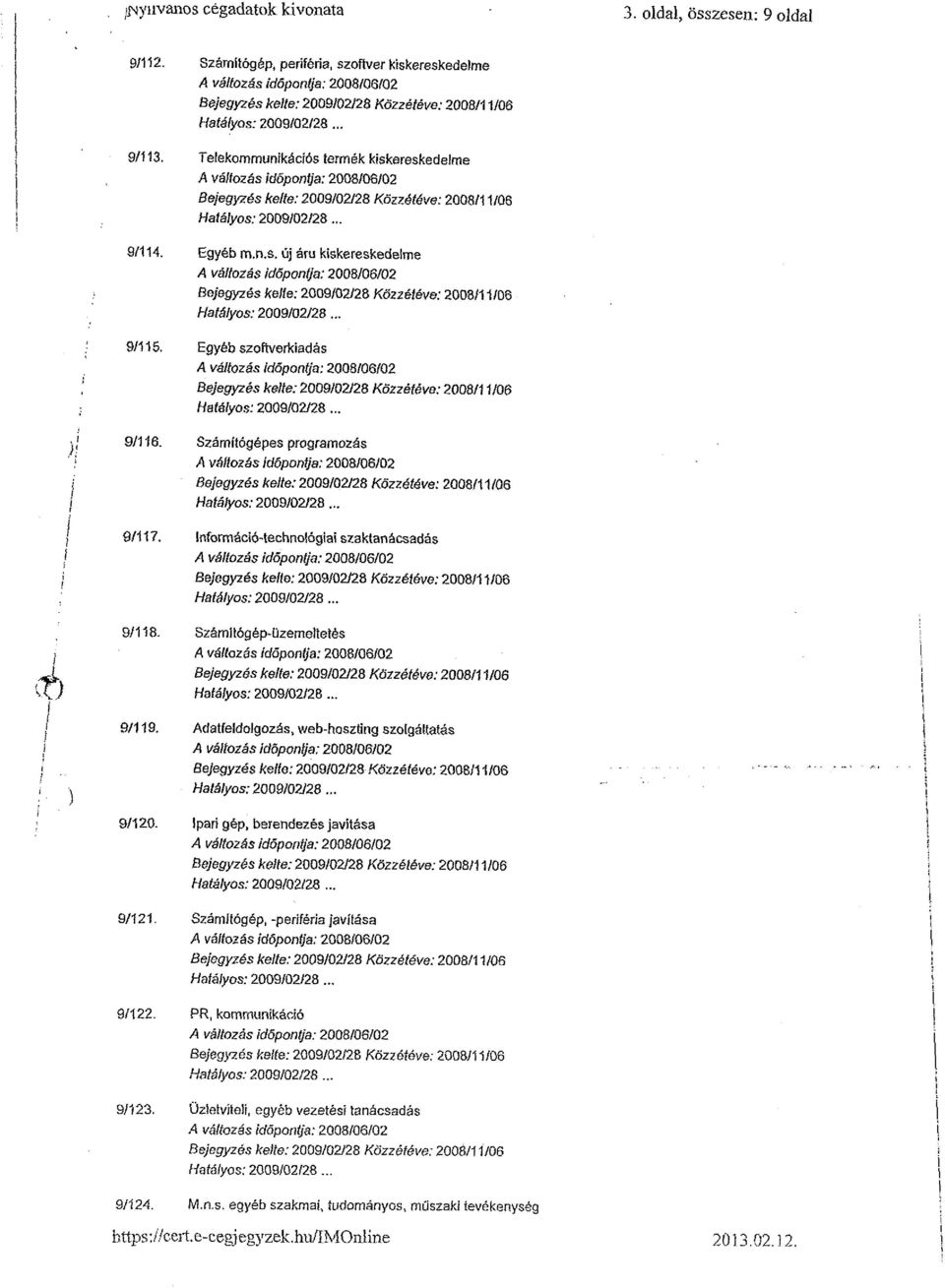 Információ-technológiai szaktanácsadás /4 változás időpontja: 2008/06/02 Bejegyzés kelte: 2009/02/28 Közzétéi/e: 2008/11/06 Hatályos: 2009/02/28... 9/118.