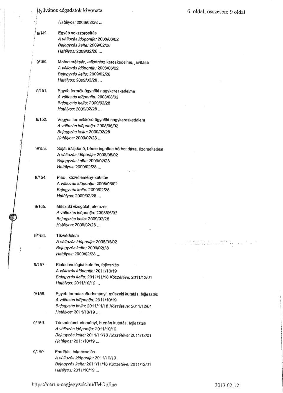 Vegyes termékkörű ügynöki nagykereskedelem Bejegyzés kelte: 2009/02/28 9/153. Saját tulajdonú, bérelt ingatlan bérbeadása, Üzemeltetése Bejegyzés kelte: 2009/02/28 9/154.