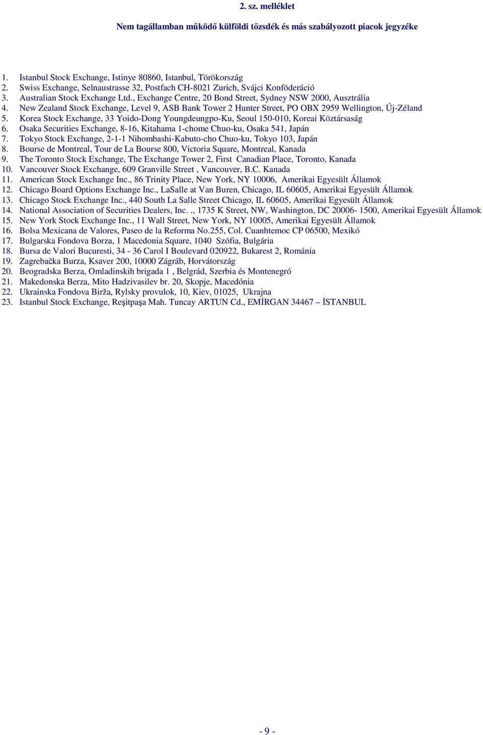 New Zealand Stock Exchange, Level 9, ASB Bank Tower 2 Hunter Street, PO OBX 2959 Wellington, Új-Zéland 5. Korea Stock Exchange, 33 Yoido-Dong Youngdeungpo-Ku, Seoul 150-010, Koreai Köztársaság 6.