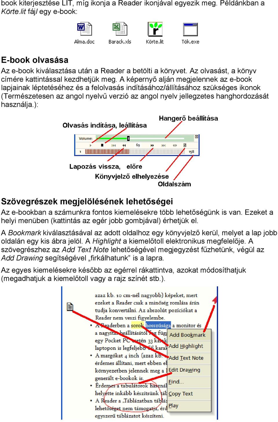 A képernyő alján megjelennek az e-book lapjainak léptetéséhez és a felolvasás indításához/állításához szükséges ikonok (Természetesen az angol nyelvű verzió az angol nyelv jellegzetes hanghordozását